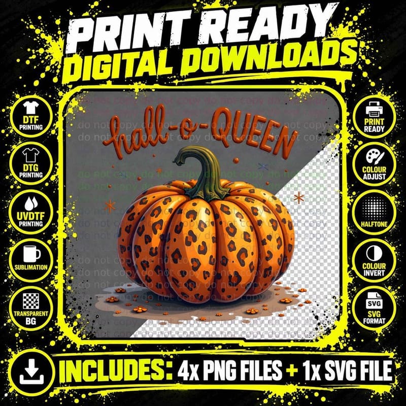 Hall-O-QUEEN Leopard Print Pumpkin Halloween Fall Gift Png SVG Digital Bundle