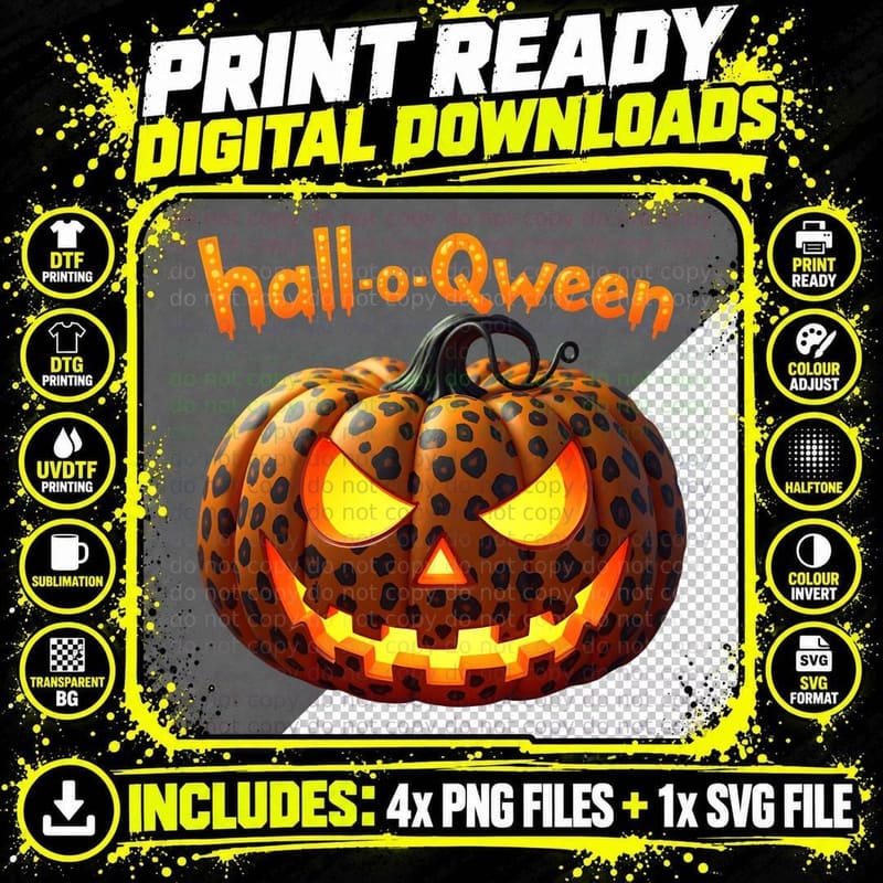 Hall-O-Qween Leopard Print Jack-O-Lantern Halloween Png SVG Digital Bundle