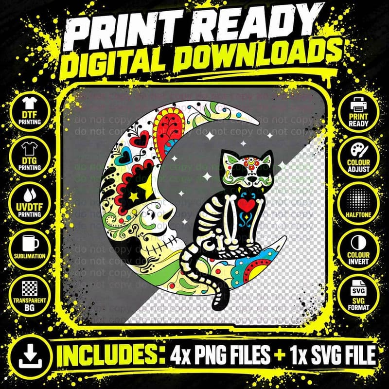 Halloween Cat and Moon Sugar Skull Dia De Los Muertos Png SVG Digital Bundle