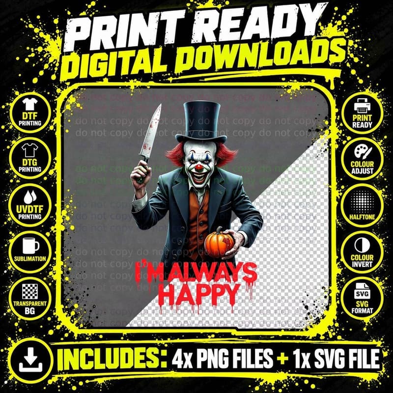 Halloween Clown Terrifying I'm Always Happy Horror Png SVG Digital Bundle