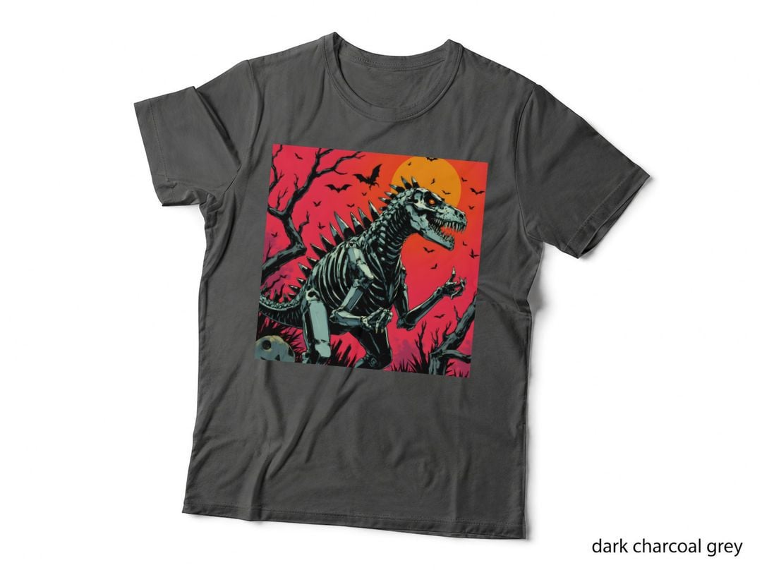 Halloween Dinosaur Skeleton Moon Bats Spooky Art T-Shirt