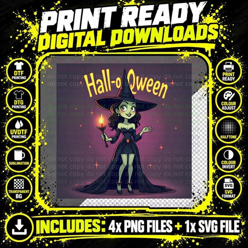Halloween Queen Witch Green Skin Brown Hair Black Png SVG Digital Bundle