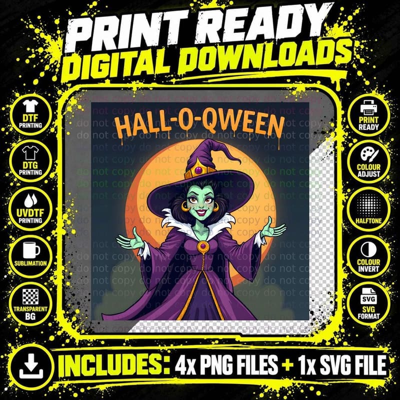 Halloween Queen Witch Orange Moon T-Shirt Png SVG Digital Bundle