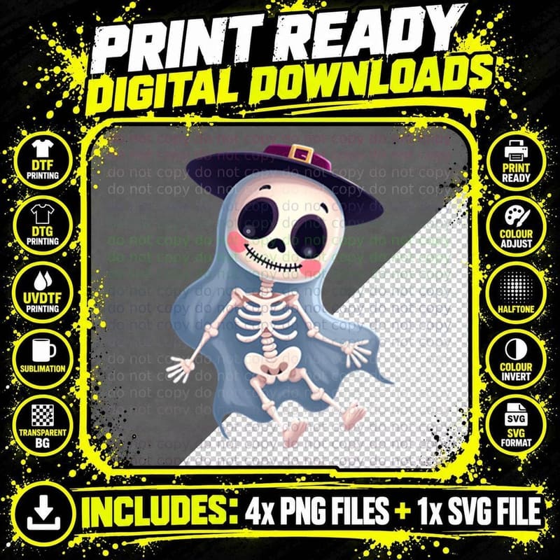 Halloween Skeleton Witch Hat Graphic Spooky Fun 2 T-Shirt Png SVG Digital Bundle