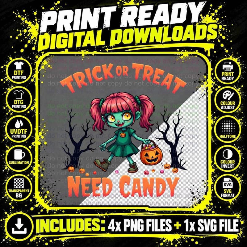 Halloween Zombie Girl, Pink Haired Zombie Png SVG Digital Bundle