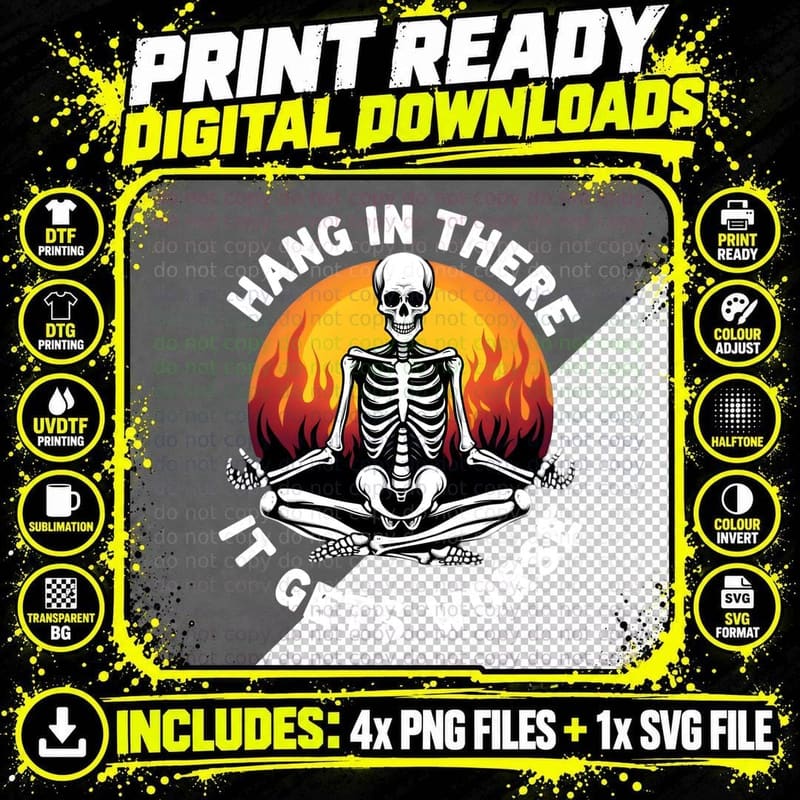 Hang in There Distressed Skeleton Thumbs up T-Shirt Png SVG Digital Bundle