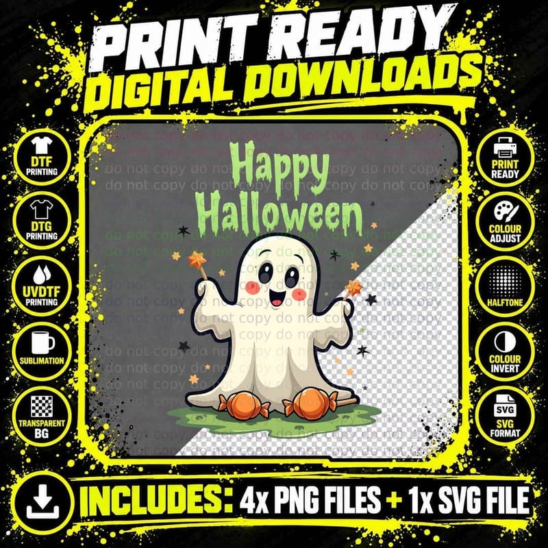 Happy Halloween Spooky Ghost Candy Cartoon Black T-Shirt Png SVG Digital Bundle