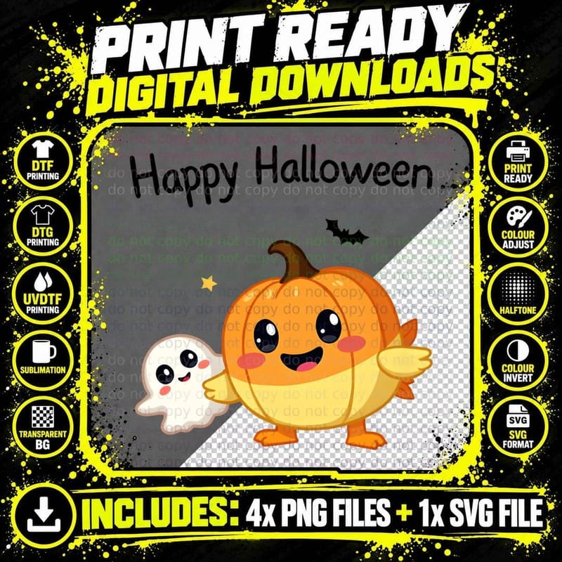 Happy Halloween, Cute Pumpkin and Ghost, Spooky T-Shirt Png SVG Digital Bundle