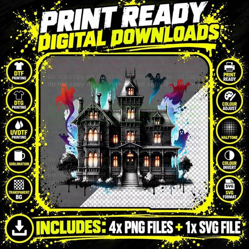 Haunted House with Ghosts Halloween, Horror, Goth T-Shirt Png SVG Digital Bundle