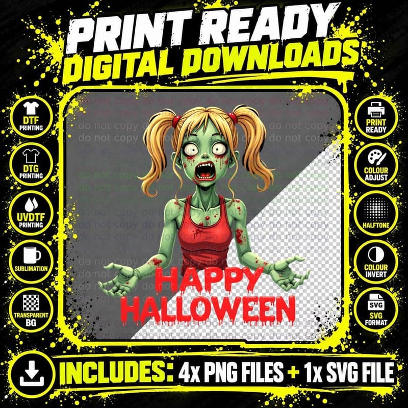 Horror Zombie Girl Halloween, Spooky Scary Zombi T-Shirt Png SVG Digital Bundle
