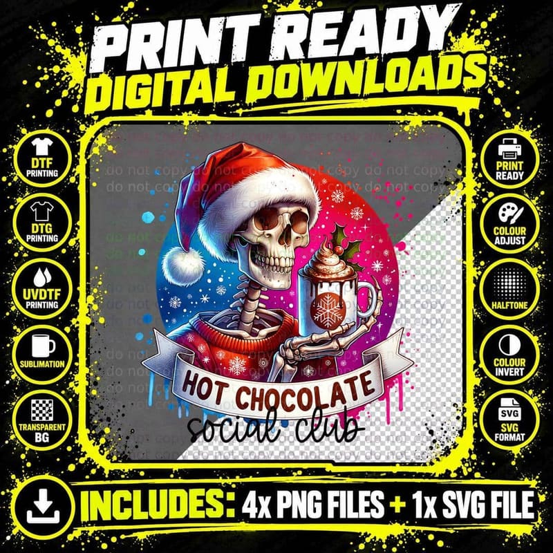Hot Chocolate Social Club Skeleton, Cute Trendy Png SVG Digital Bundle