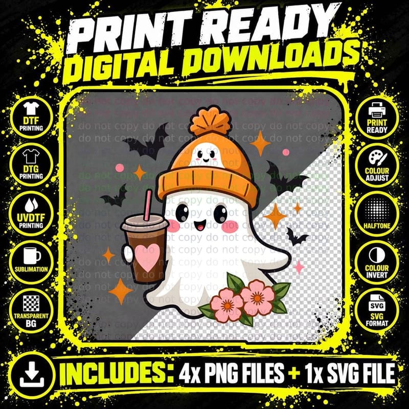 Iced Coffee Ghost Beanie T-Shirt Png SVG Digital Bundle