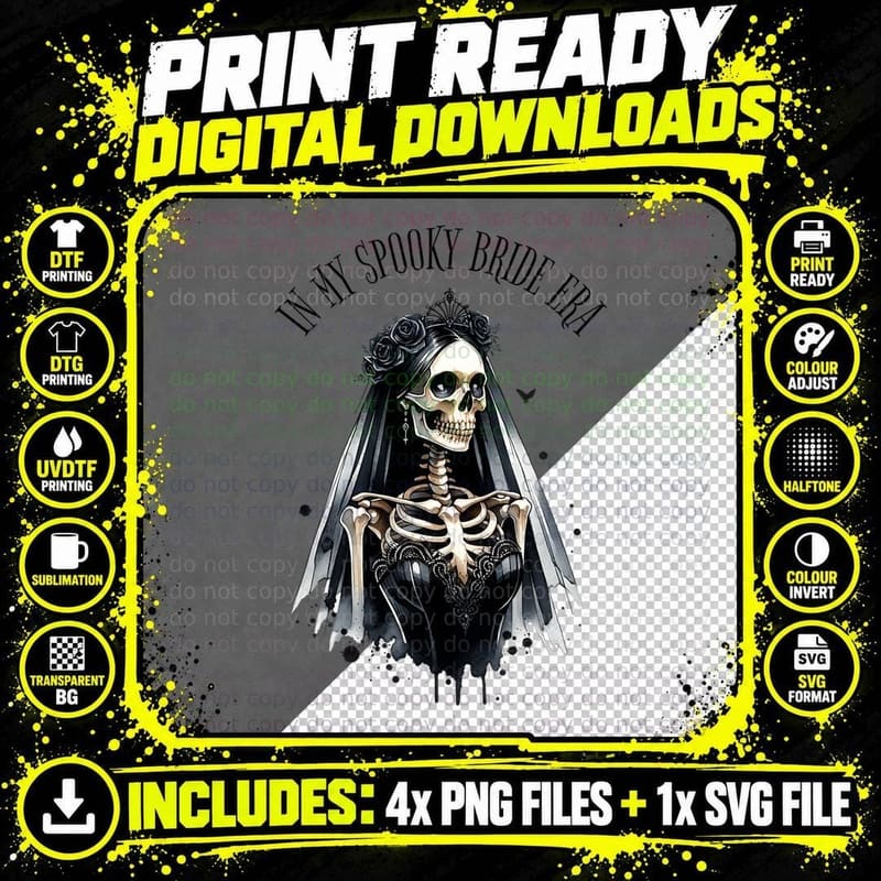 In My Spooky Bride Era Skeleton in Black Dress Png SVG Digital Bundle