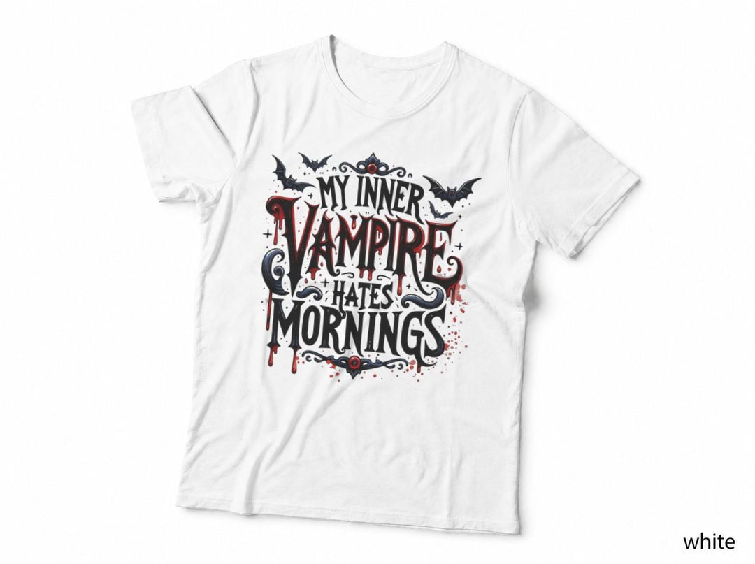 Inner Vampire Hates Mornings Text, Minimalist, Collegiate, Gift T-Shirt