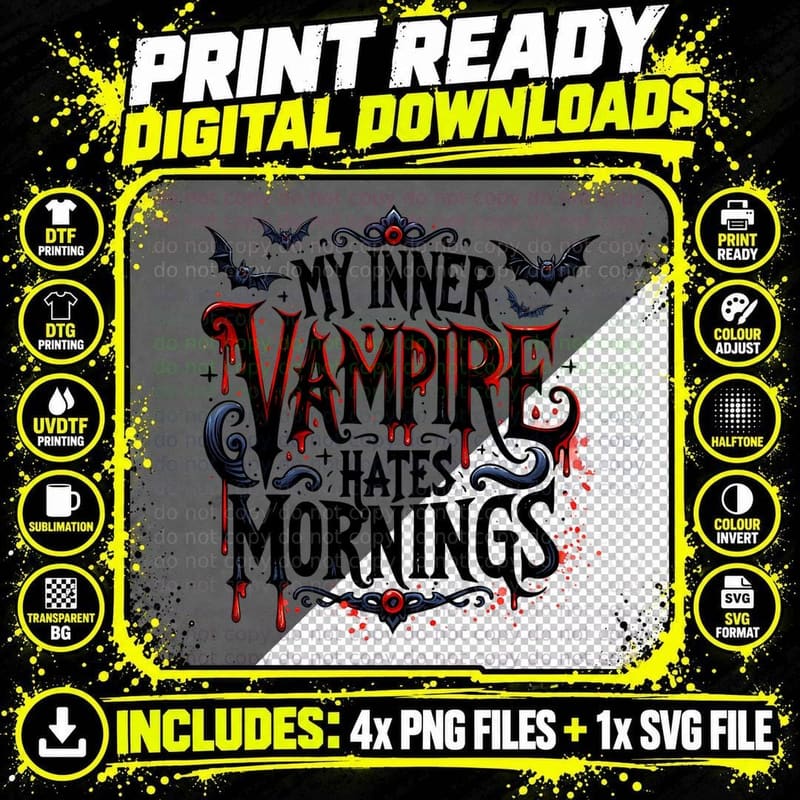 Inner Vampire Hates Mornings Text, Minimalist Png SVG Digital Bundle