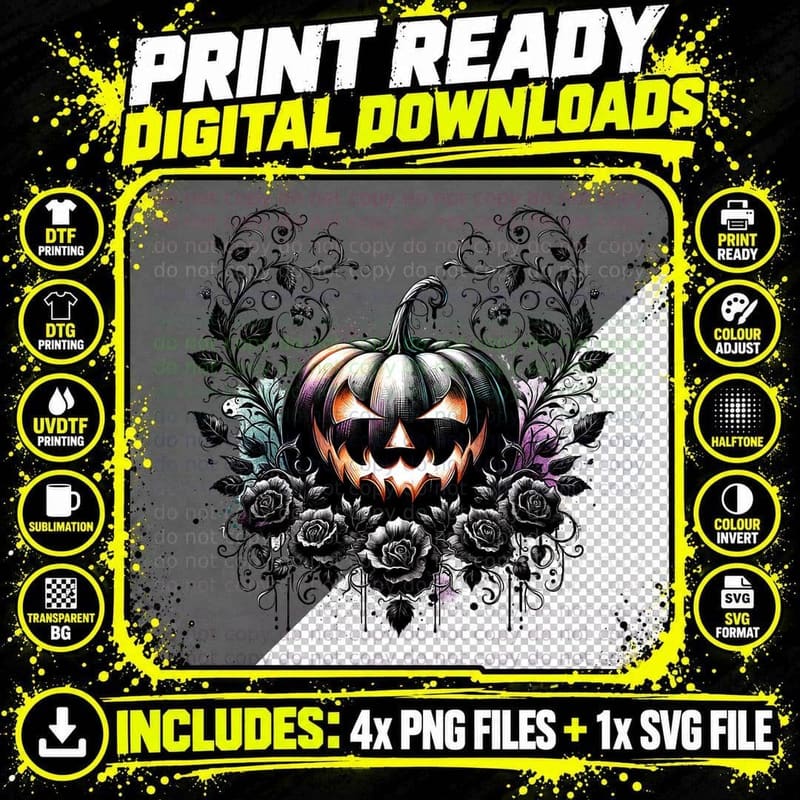 Jack O Lantern with Black Roses Halloween, Horror Png SVG Digital Bundle