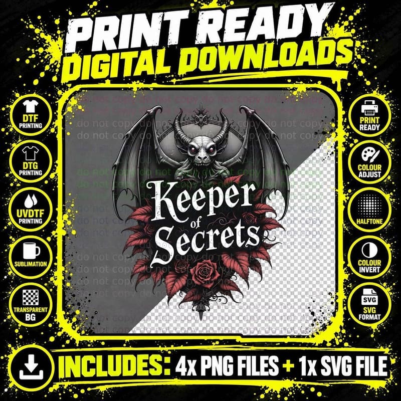 Keeper of Secrets Gothic Demon with Roses and Leaves Png SVG Digital Bundle