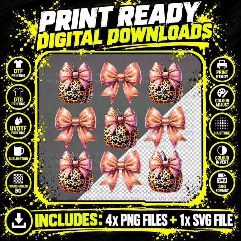 Leopard Bow Goth Pumpkins Halloween, Minimalist Png SVG Digital Bundle