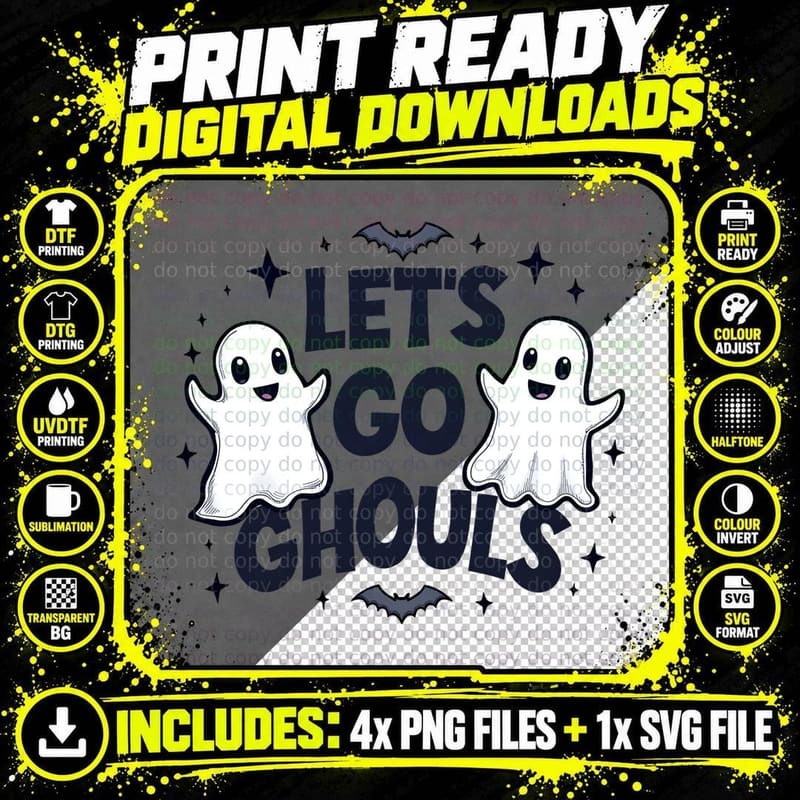 Let's Go Ghouls Cute Ghost Bats Stars Halloween Spooky Png SVG Digital Bundle