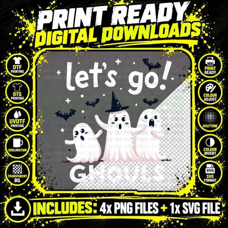 Let's Go Ghouls Shocked Ghosts Stars Halloween Spooky Png SVG Digital Bundle