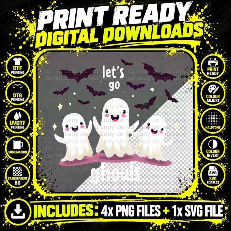 Let's Go Ghouls Smiling Ghosts Pink Cloud Bats Stars Png SVG Digital Bundle
