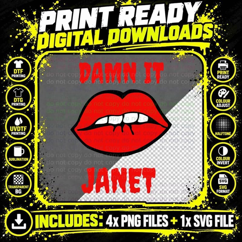 Lips Damn It Janet Song from Rocky Horror Picture Show . Png SVG Digital Bundle