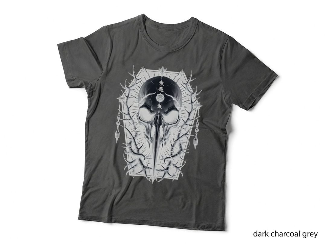 Macabre Bird Skull with Japanese Characters & Metallic Elements Horror T-Shirt