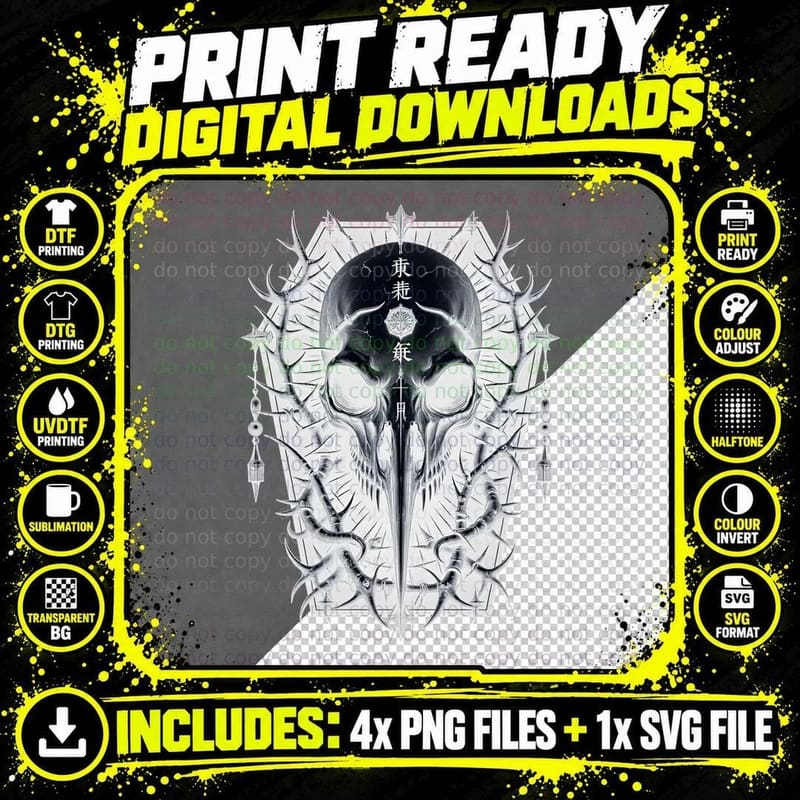 Macabre Bird Skull with Japanese Characters & Metallic Png SVG Digital Bundle
