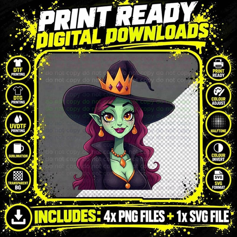 Magical Cartoon Witch Green Skin Magenta Hair Pointed Png SVG Digital Bundle