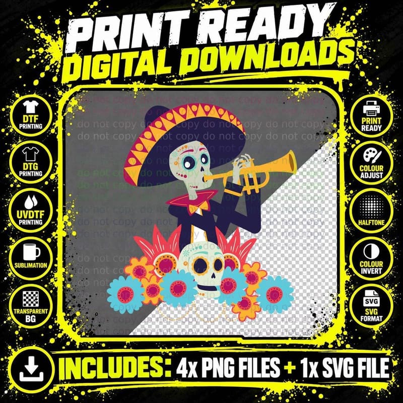 Mariachi Skull Camisa Dia De Los Muertos Skeleton Png SVG Digital Bundle