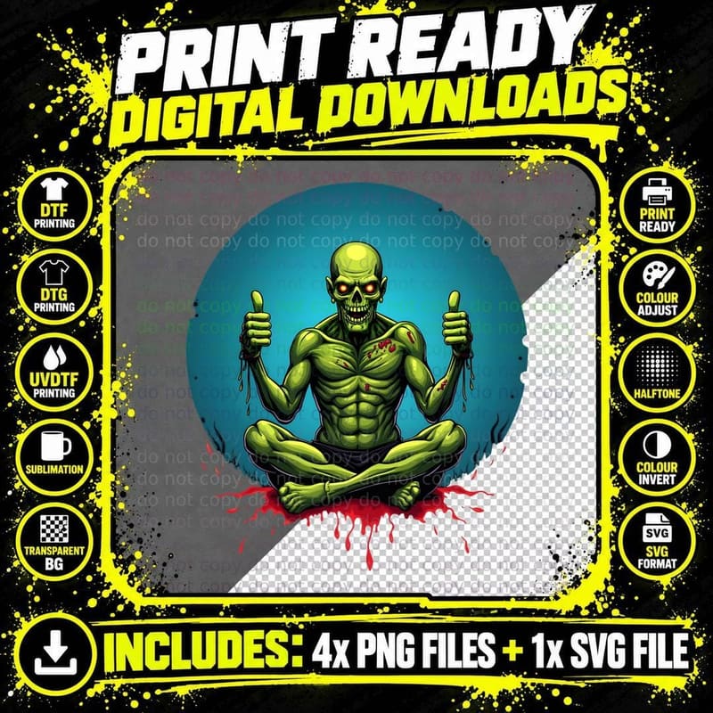 Meditating Zombie Thumbs up, Funny Zombie Horror Png SVG Digital Bundle