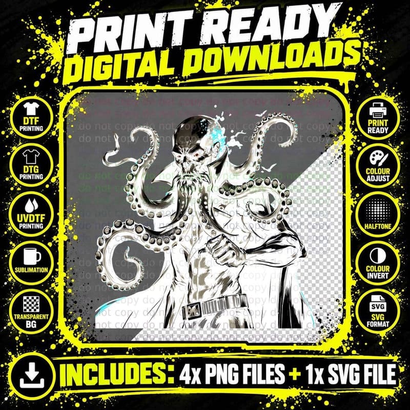 Menacing Skeleton Beard Octopus Tentacles Red Accents Png SVG Digital Bundle