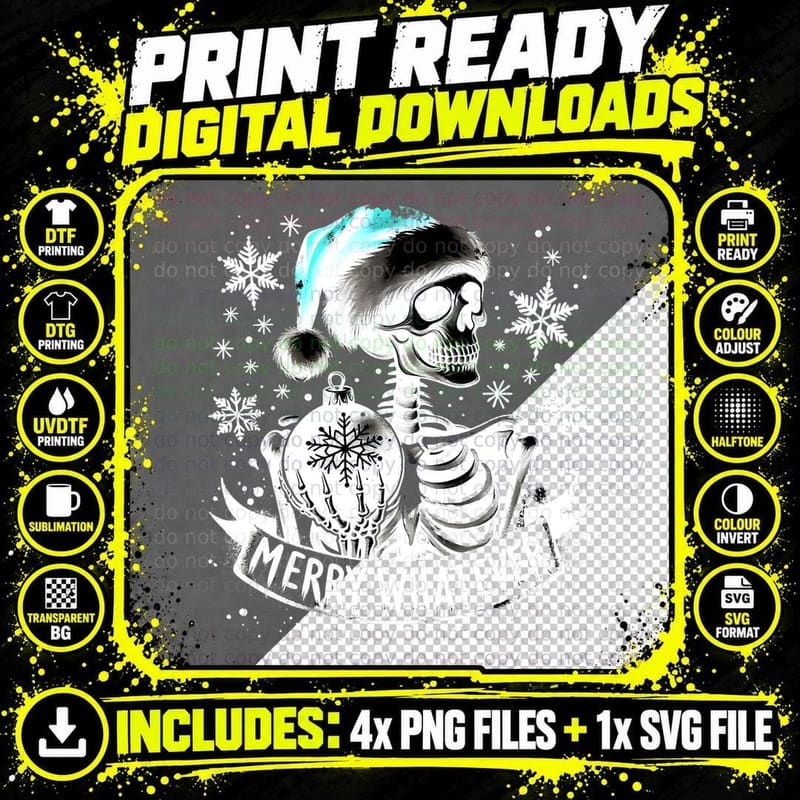 Merry Whatever Skeleton, Gift Idea, Minimalist Png SVG Digital Bundle