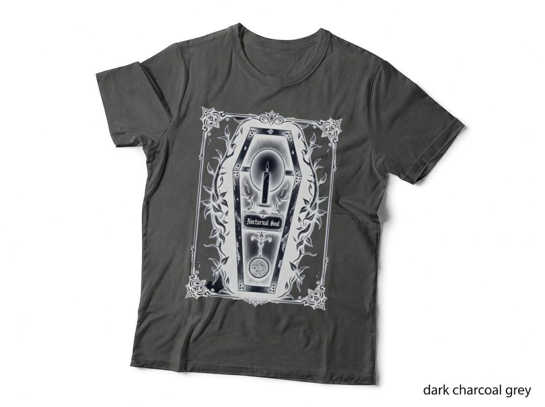 Nocturnal Soul Coffin Lid, Pentagram, Ornate Silver Gothic Horror T-Shirt