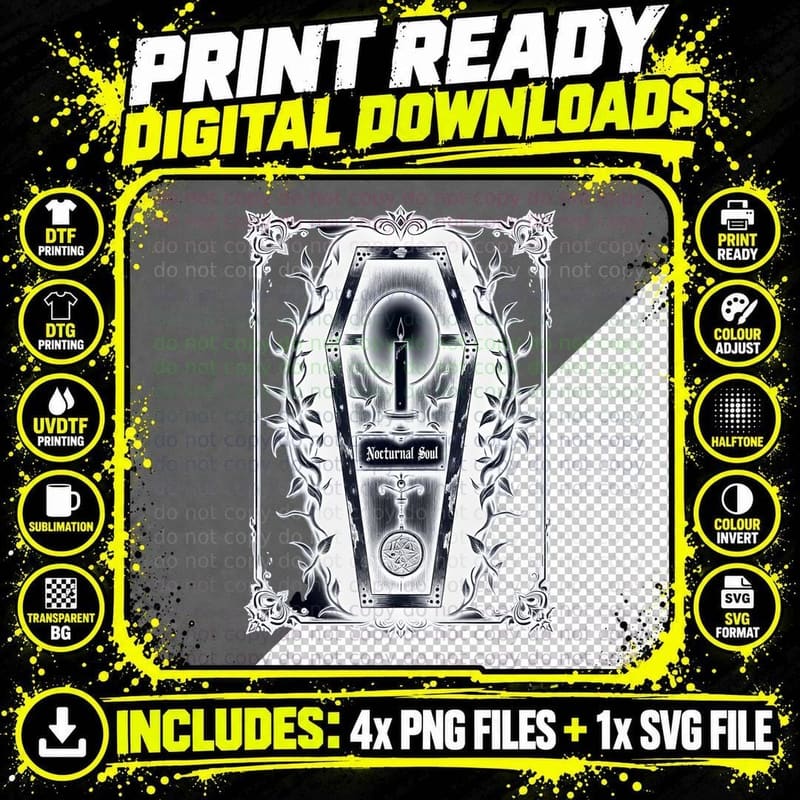 Nocturnal Soul Coffin Lid, Pentagram Png SVG Digital Bundle