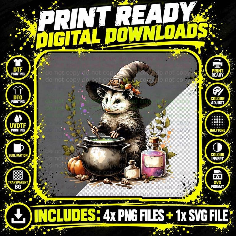 Opossum in Witch Hat, Retro Vintage, Cozy, Gift Idea Png SVG Digital Bundle