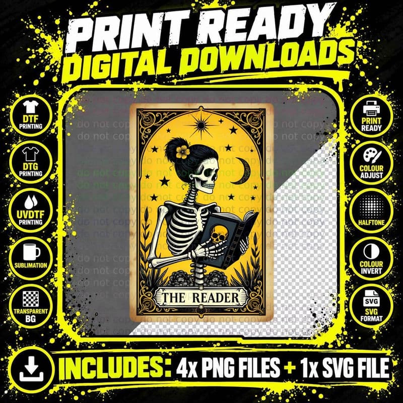 Ornate Tarot Skeleton Reader Book Yellow Flowers Stars Png SVG Digital Bundle
