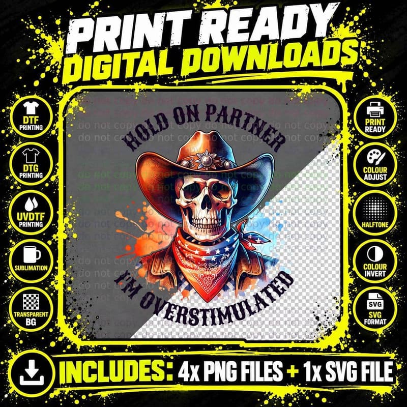 Overstimulated Skeleton Hold on Partner Funny Halloween Png SVG Digital Bundle