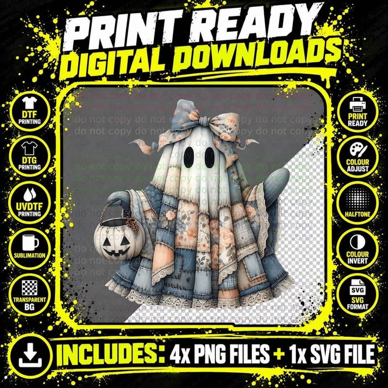 Patchwork Ghost Halloween, Horror, Cute T-Shirt Png SVG Digital Bundle
