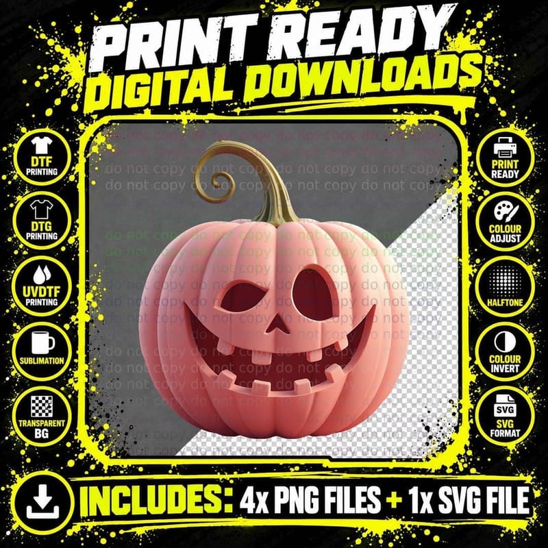 Pink Halloween Jack-O-Lantern Pumpkin Spooky Smile Png SVG Digital Bundle