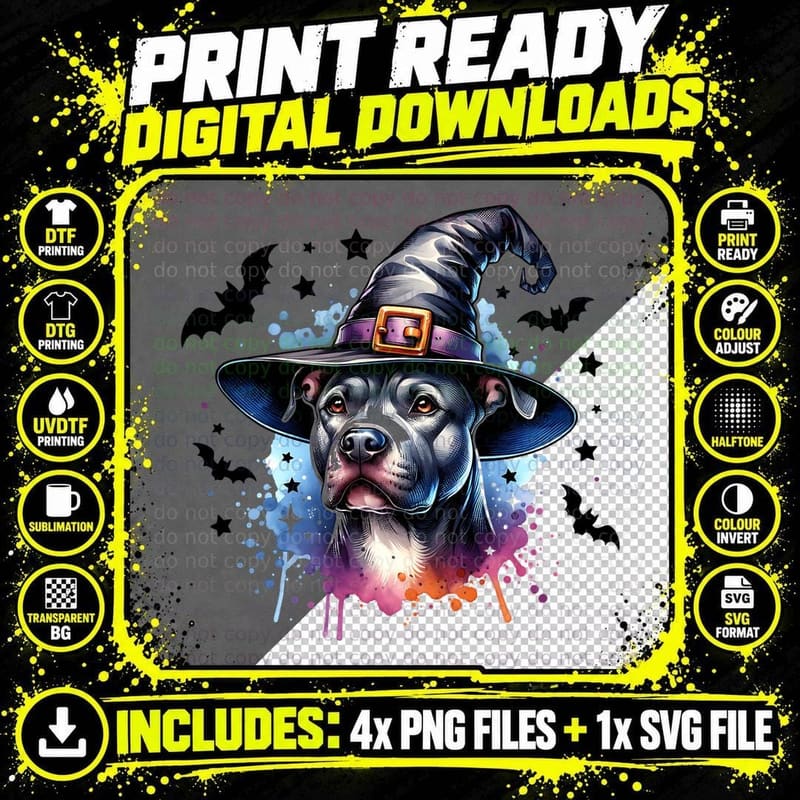 Pit Bull in Witch Hat, Halloween, Cute Dog Lover T-Shirt Png SVG Digital Bundle