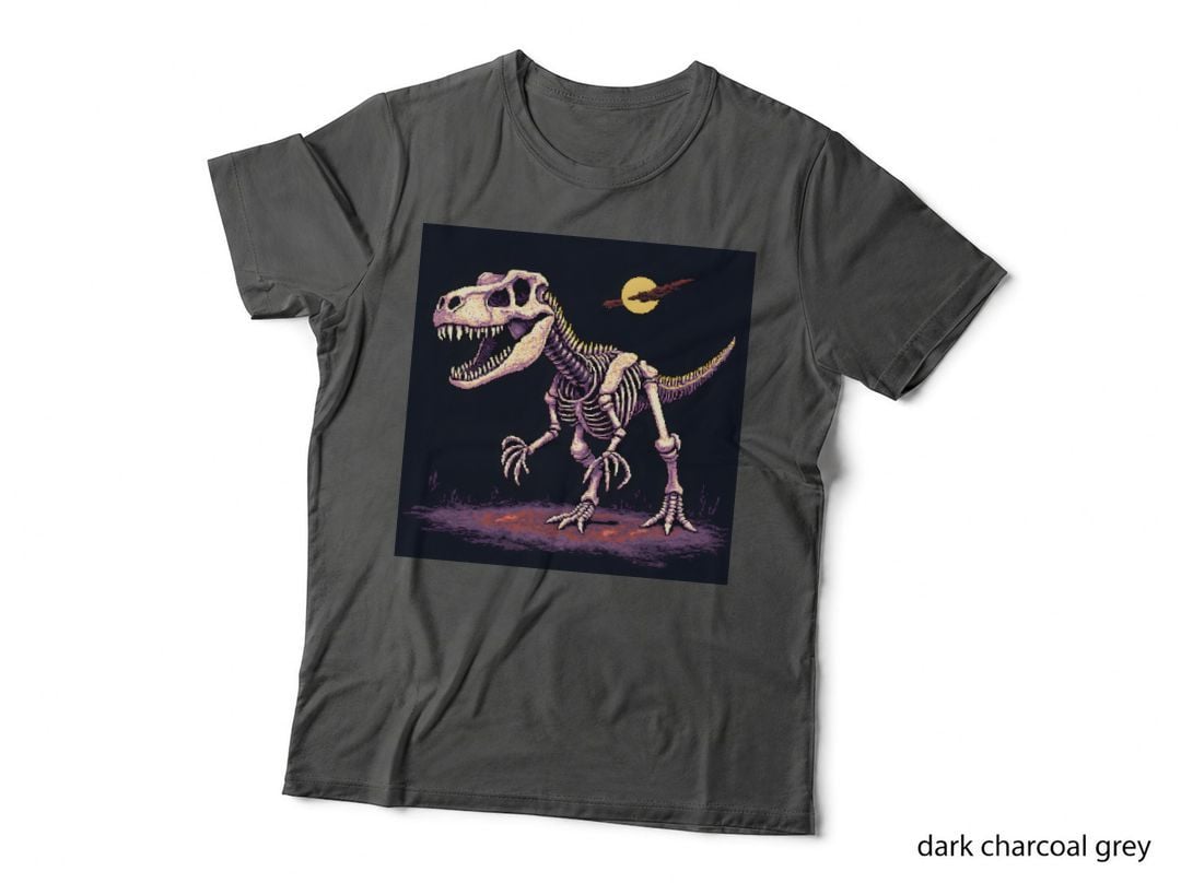 Pixel Art Dinosaur Skeleton Moon Eerie Retro Gaming T-Shirt