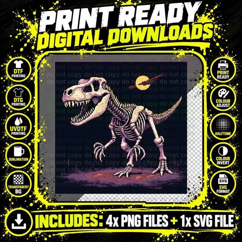 Pixel Art Dinosaur Skeleton Moon Eerie Retro Gaming Png SVG Digital Bundle