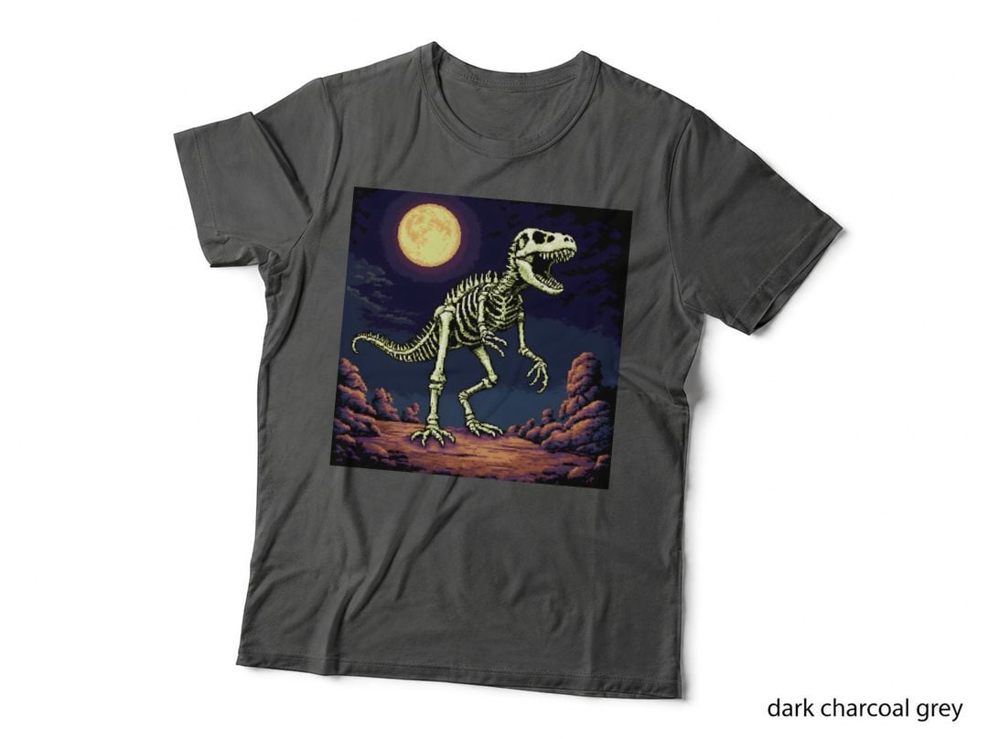 Pixel Art Dinosaur Skeleton Roaring Moon Retro Gaming T-Shirt