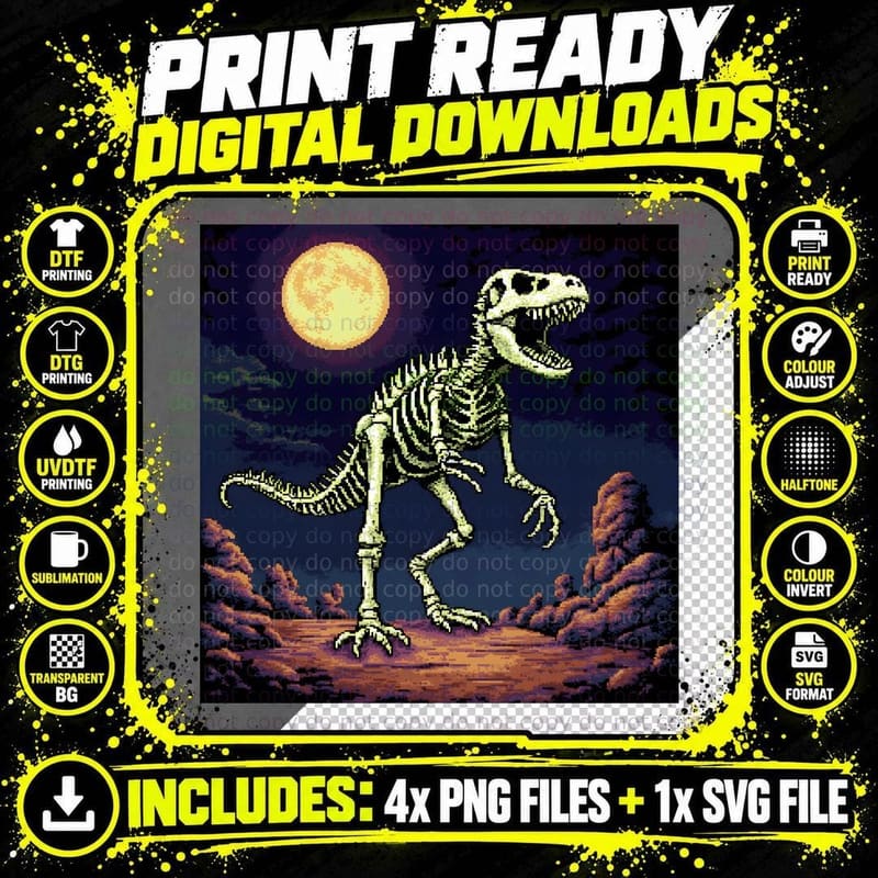 Pixel Art Dinosaur Skeleton Roaring Moon Retro Gaming Png SVG Digital Bundle