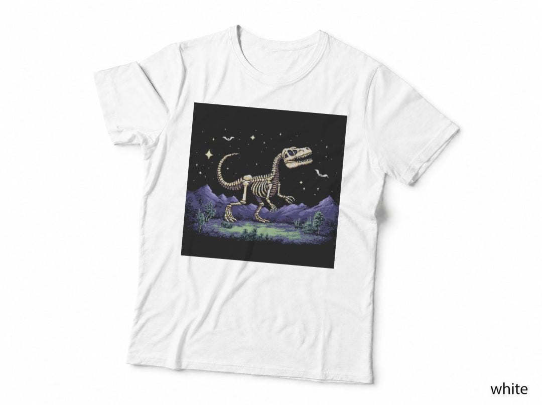 Pixel Art T-Rex Skeleton Starry Night Retro Gaming T-Shirt