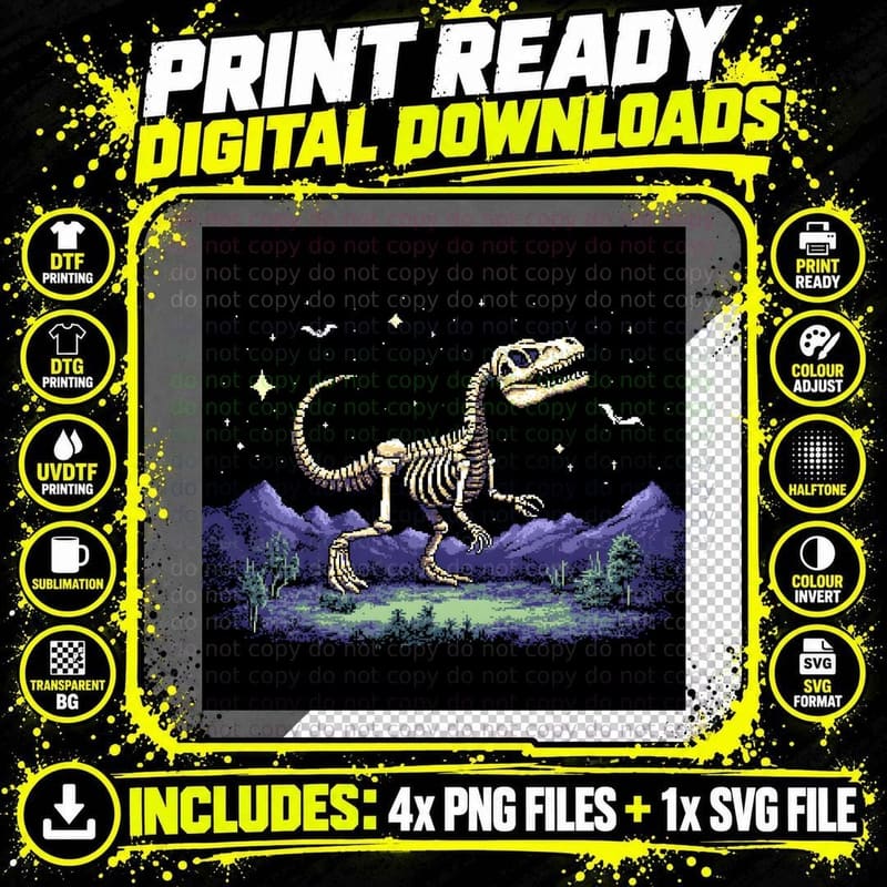 Pixel Art T-Rex Skeleton Starry Night Retro Gaming Png SVG Digital Bundle