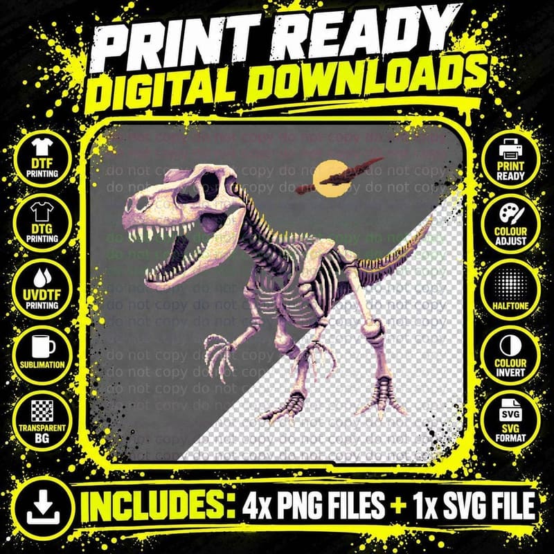 Pixelated Dinosaur Skeleton Moon Retro Video Game T-Shirt Png SVG Digital Bundle