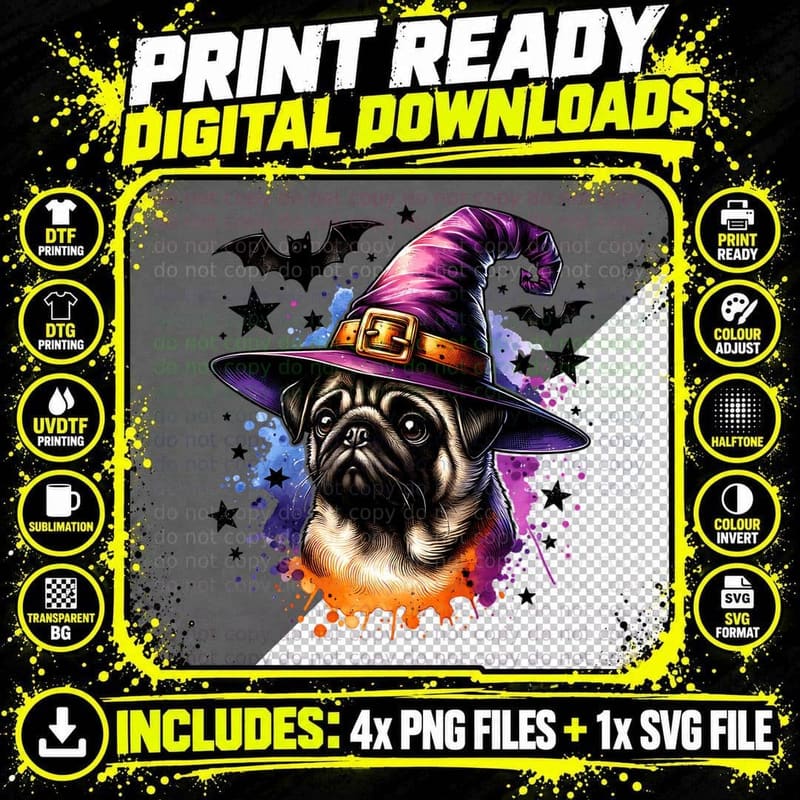 Pug in Witch Hat, Halloween, Cute Dog Lover T-Shirt Png SVG Digital Bundle