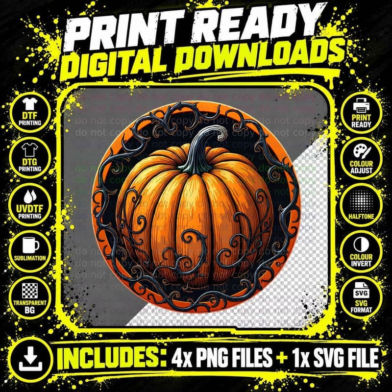 Pumpkin Intricate Swirling Pattern Halloween Fall Goth Png SVG Digital Bundle